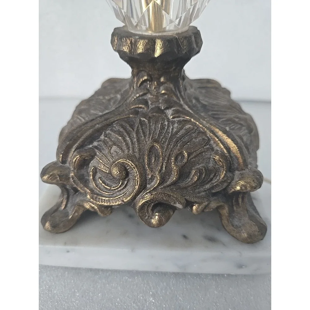 Vtg Hollywood Regency Lamp Bronze Scrolls Marble Base Crystal Glass Belly 1970s